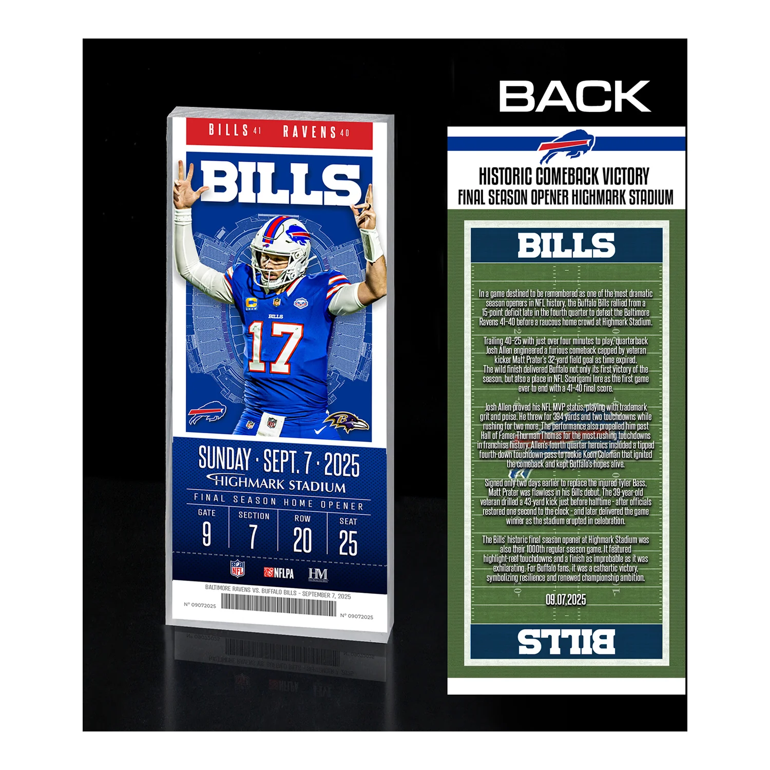 Buffalo Bills 2025 Week 1 Commemorative Acrylic Ticket Block