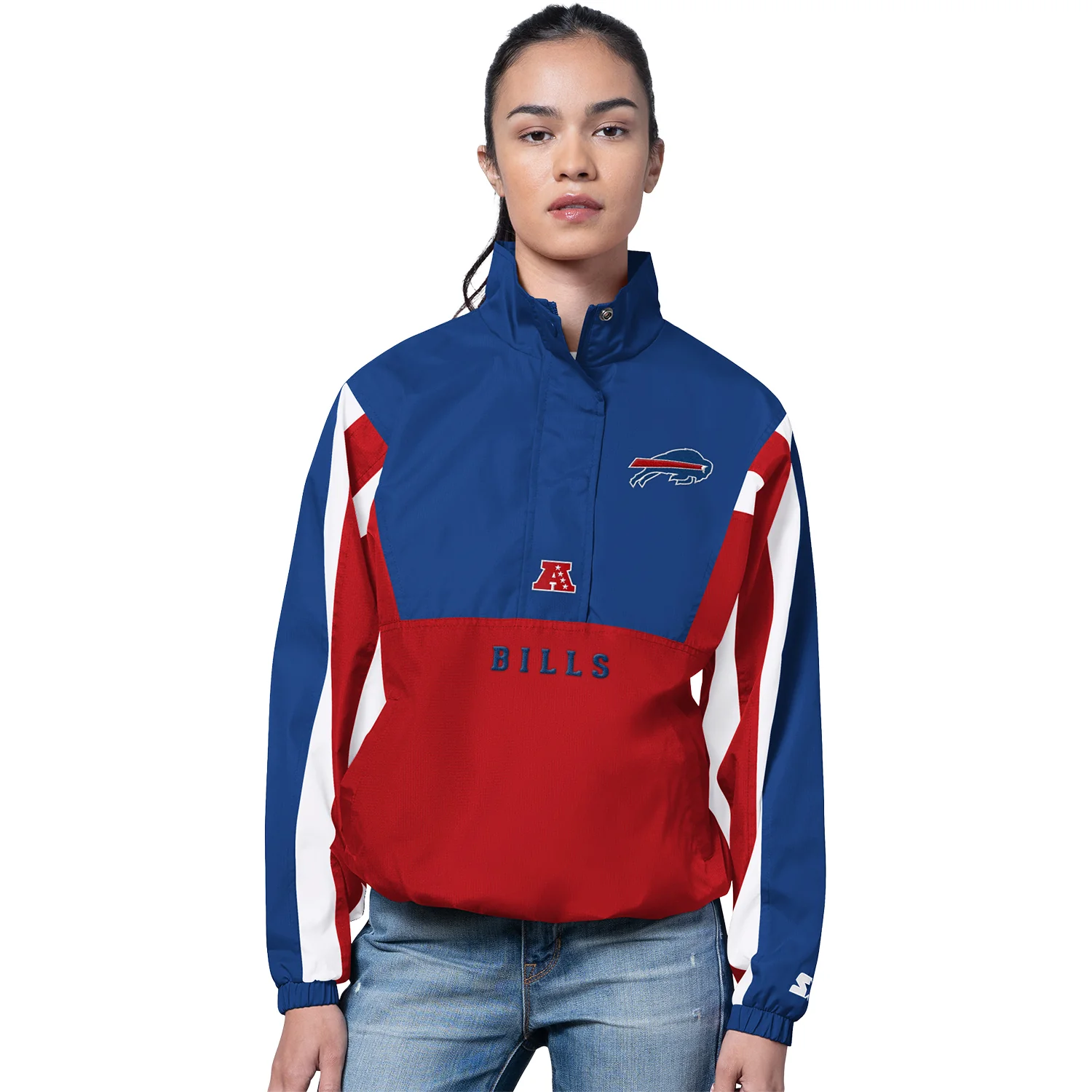 Ladies Buffalo Bills Starter 1/2 Zip Tie Game Stripe Jacket