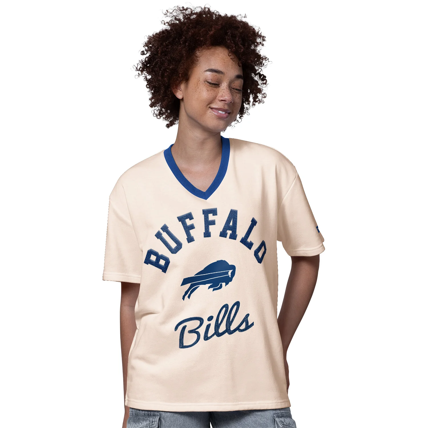 Ladies Buffalo Bills Starter Baseline V-Neck Half Sleeve T-Shirt